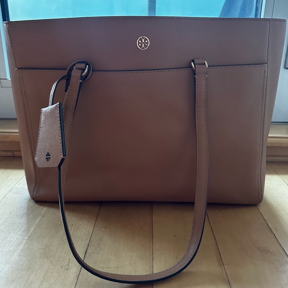 Tory Burch Tan Leather Tote – Like New, Fits 17” Laptop